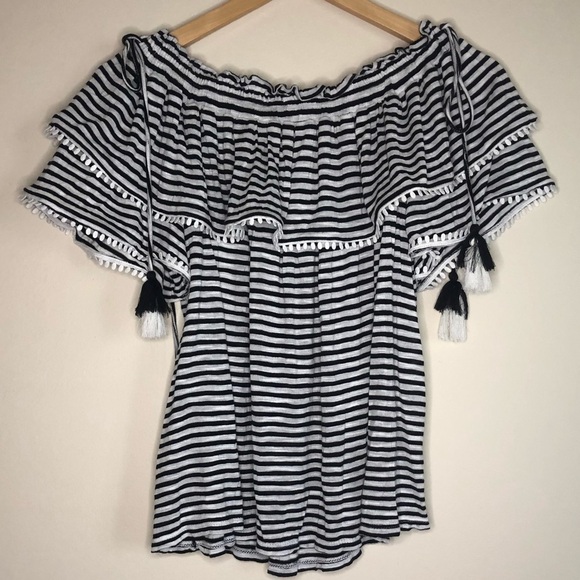 LOFT Women’s Off Shoulder Striped Tasseled Summer Top Size Large - Picture 9 of 9